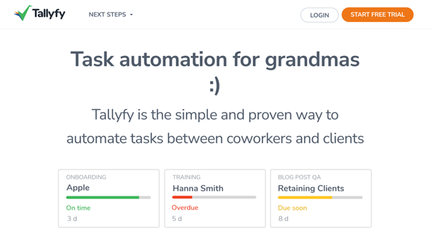 Tallyfy is a process and workflow management platform that allows you to automate all your tasks between clients and coworkers.