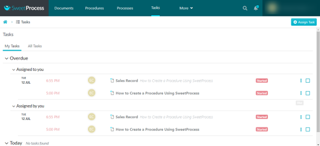 Displays all process tasks in a checklist format