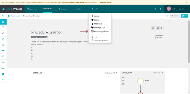 create knowledgebase in sweetprocess