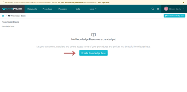 click create knowledgebase in sweetprocess