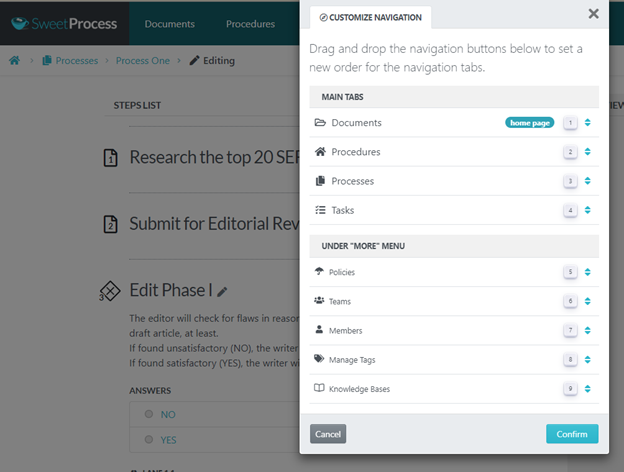 sweetprocess customize navigation menu