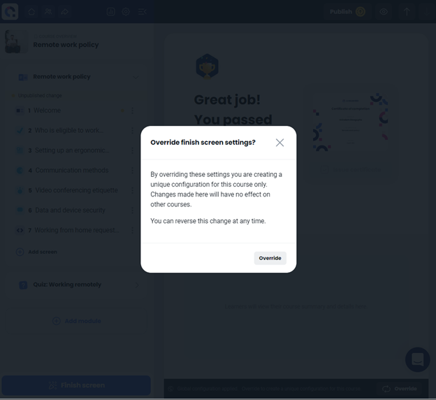 coassemble override finish screen settings