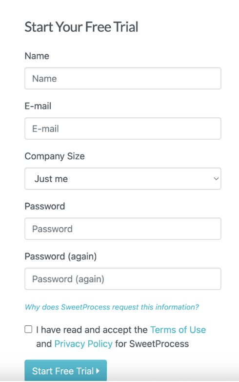 signing up to sweetprocess