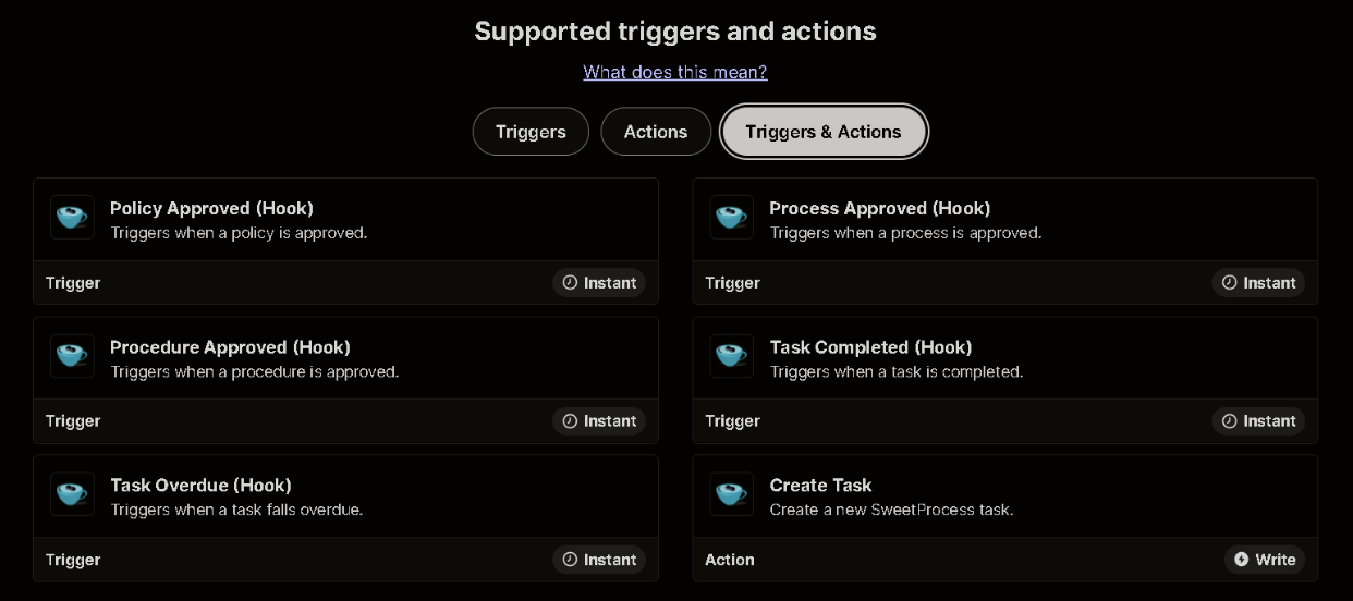 supported triggers and actions