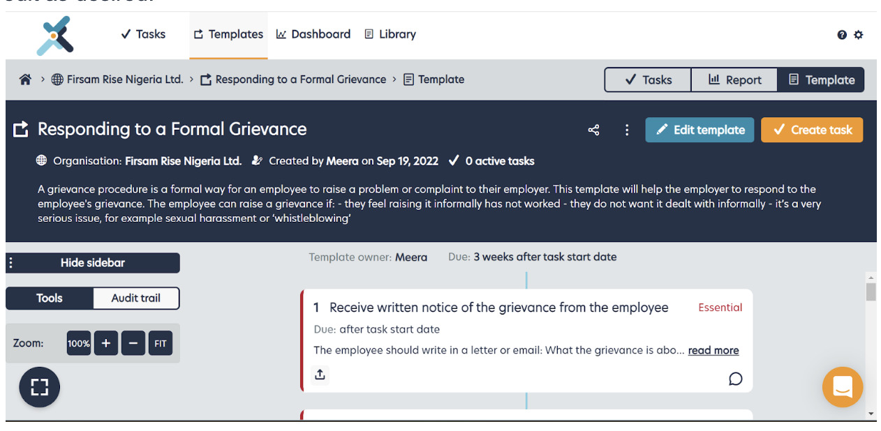 Import the “Responding to a Formal Grievance” template and select the blue button to edit as desired.