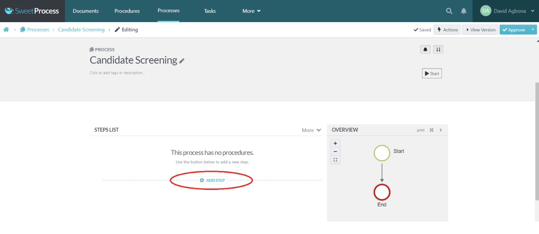After naming your process, proceed to outline the steps in the process by clicking the “Add Step” button.