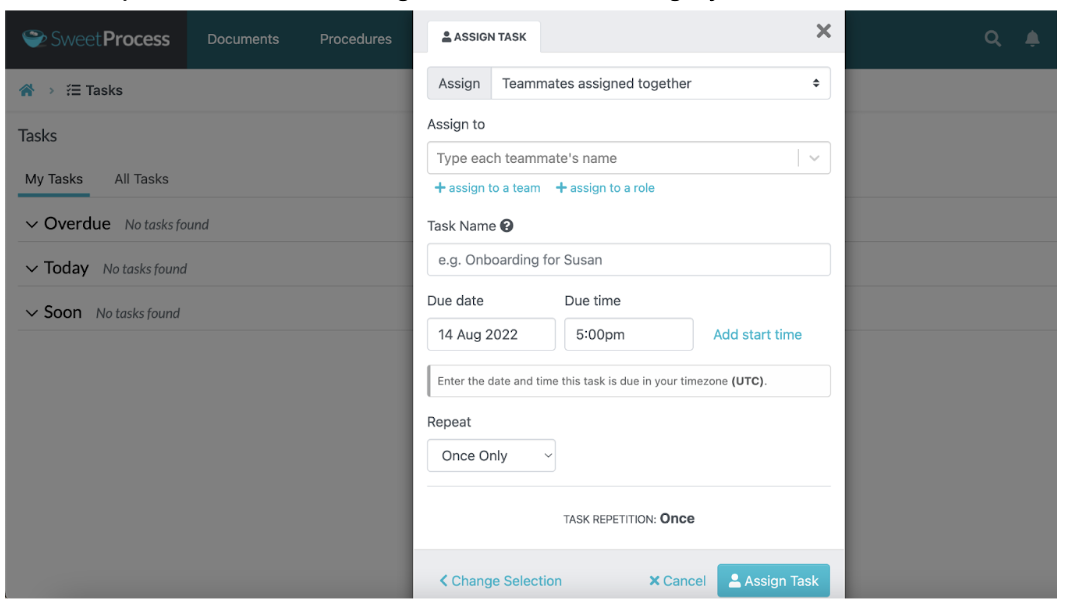 dialogue box allowing you to select from an existing process or procedure or create a new one to assign to an employee or teammate