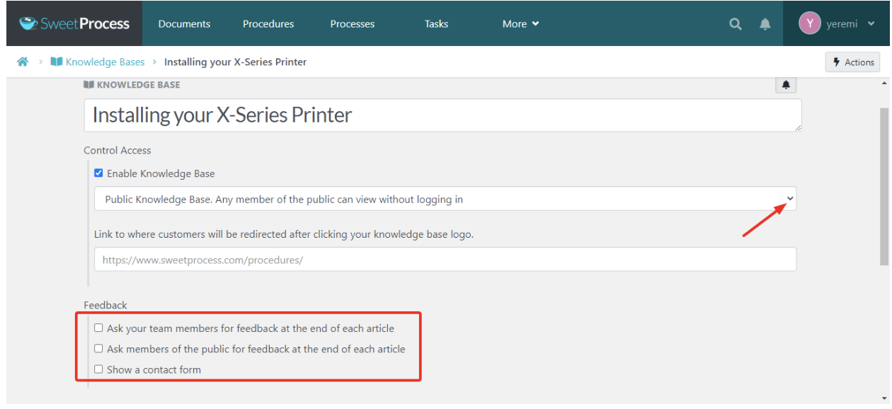 you can also set whether readers can leave comments or feedback below each knowledge base article