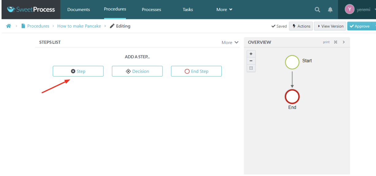 Click on the “Step” button to add the first step.