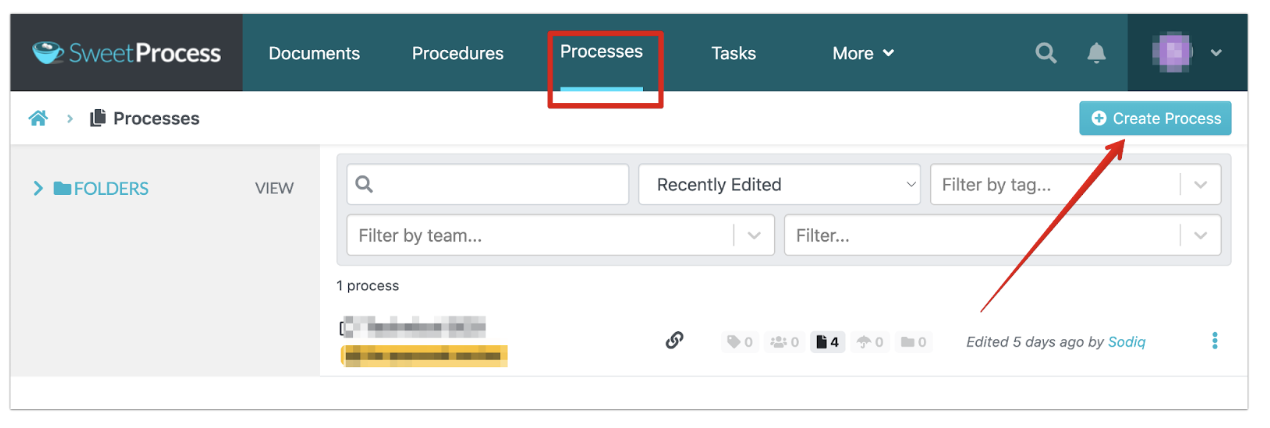 click on the “Processes” tab and the “Create Process” button