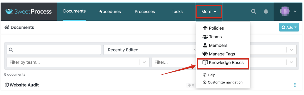 Click on the drop-down menu on your SweetProcess dashboard, and select "More." After that, click "Knowledge Bases."