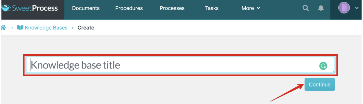 Enter the title of your knowledge base and click the "Continue" button.