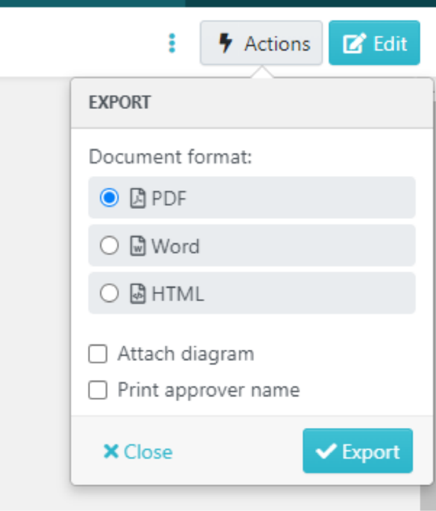 Actions button to click on the Export option