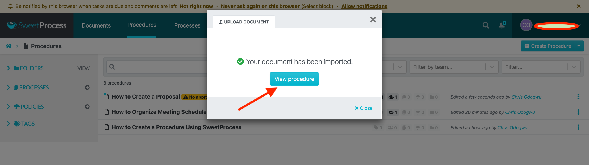 You can view the document by clicking on “View procedure” when the upload completes.