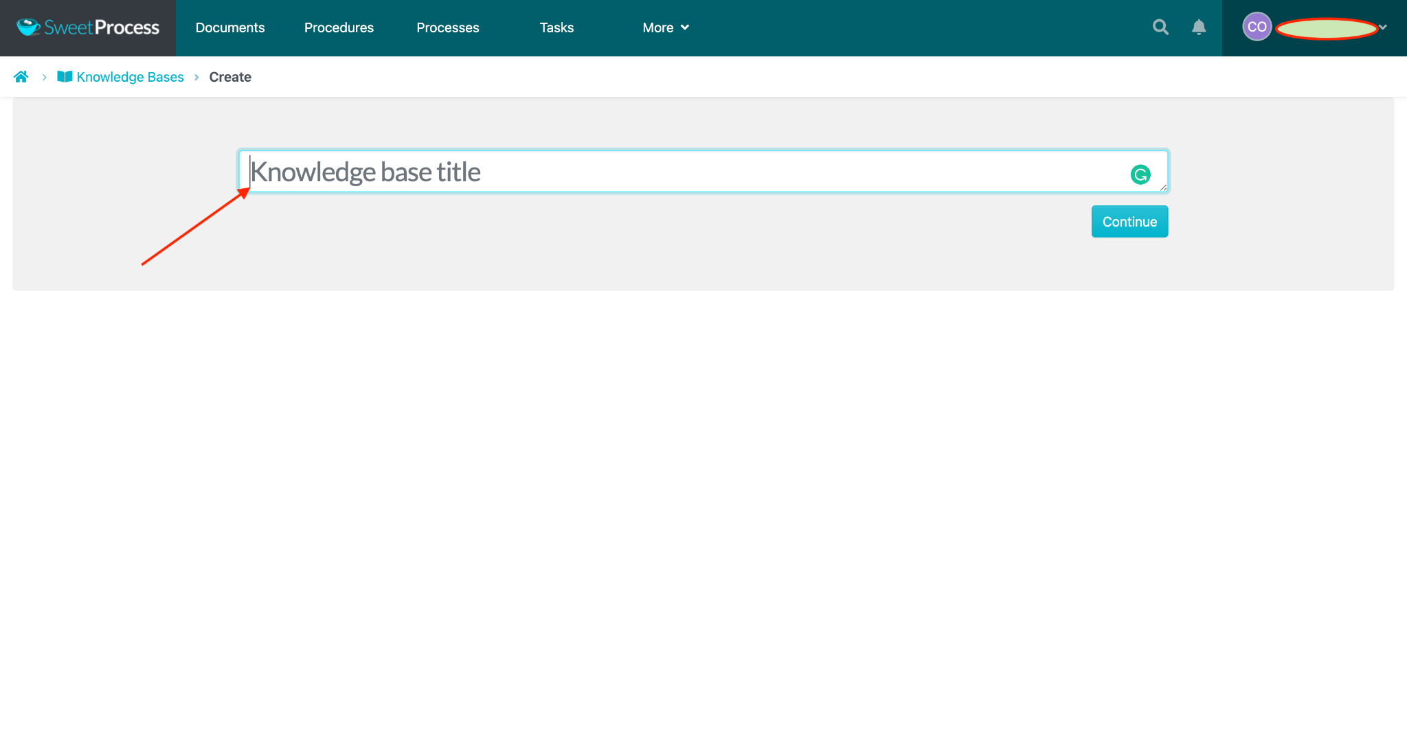 Write the title of your knowledge base and click on “Continue.”
