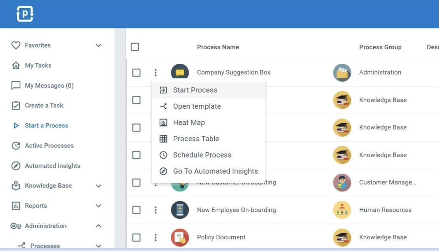 ‘’Start a Process’’ tab on your dashboard