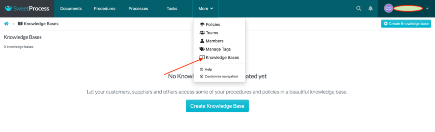 Click on “More” at the top of the page and select “Knowledge Bases” from the drop-down menu.