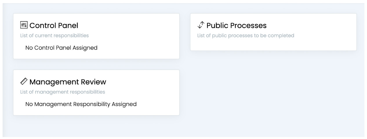 The TouchStone dashboard only has “Control Panel,” “Management Review,” and “Public Processes.”