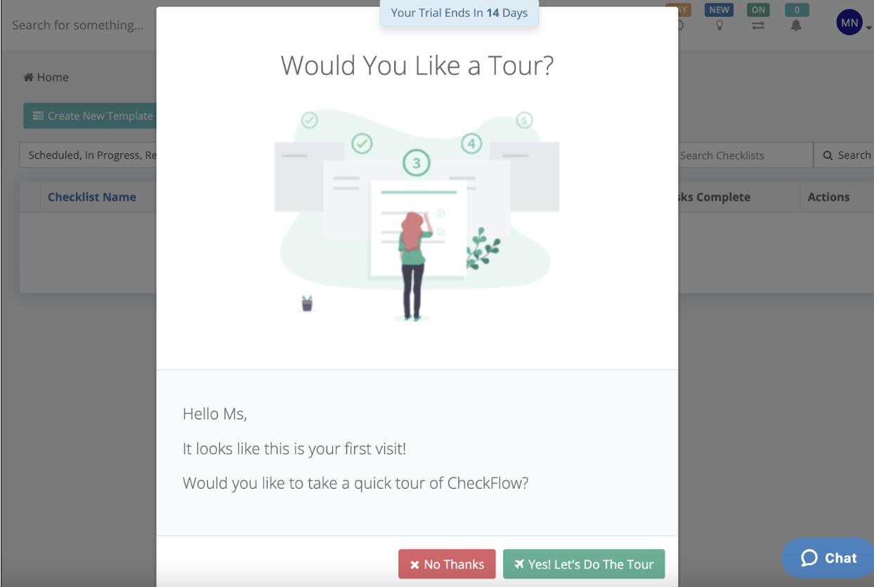 CheckFlow also provides an option to take a tour.