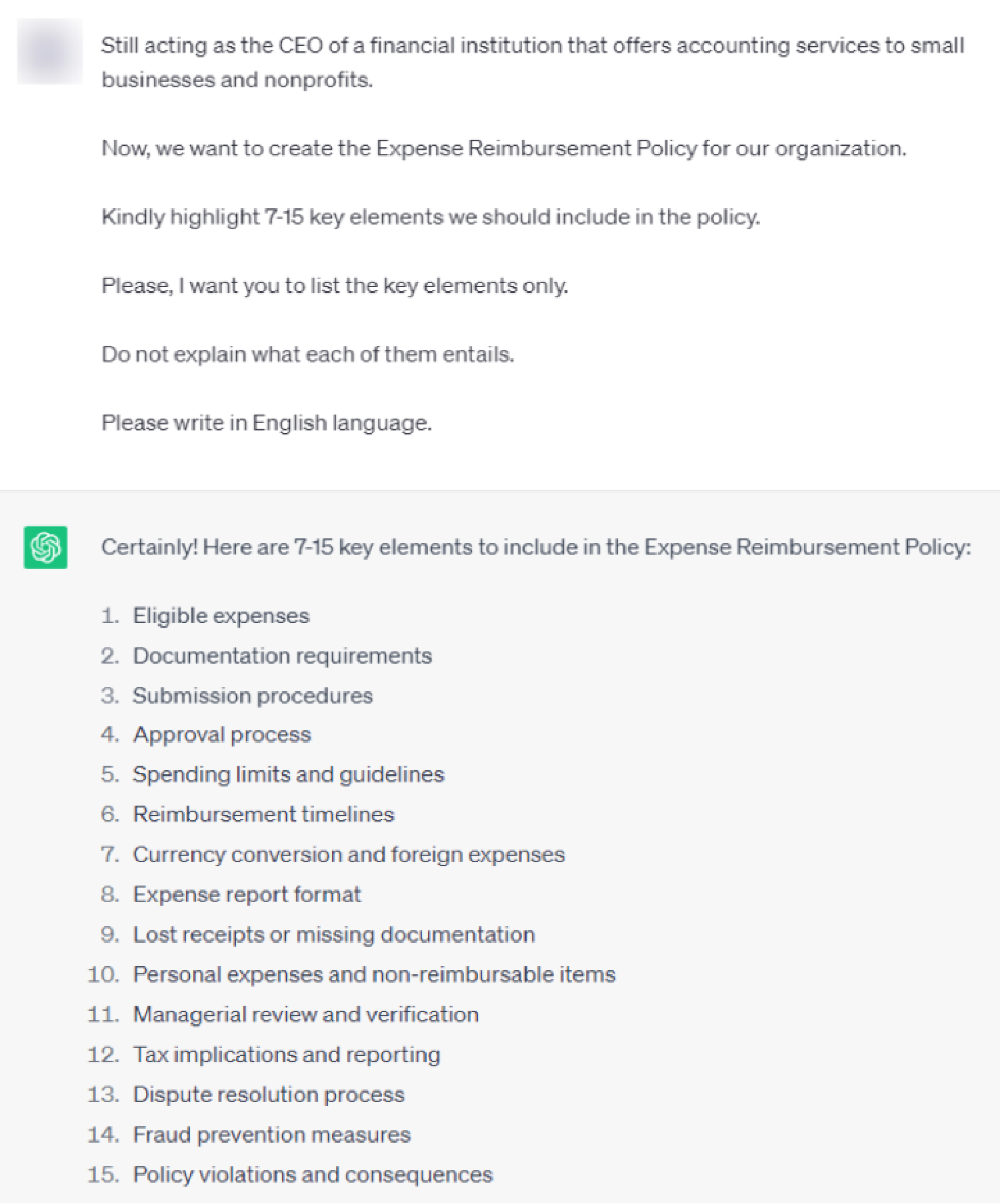 specific key elements that the AI tool recommends we add when creating the Expense Reimbursement Policy for the organization.