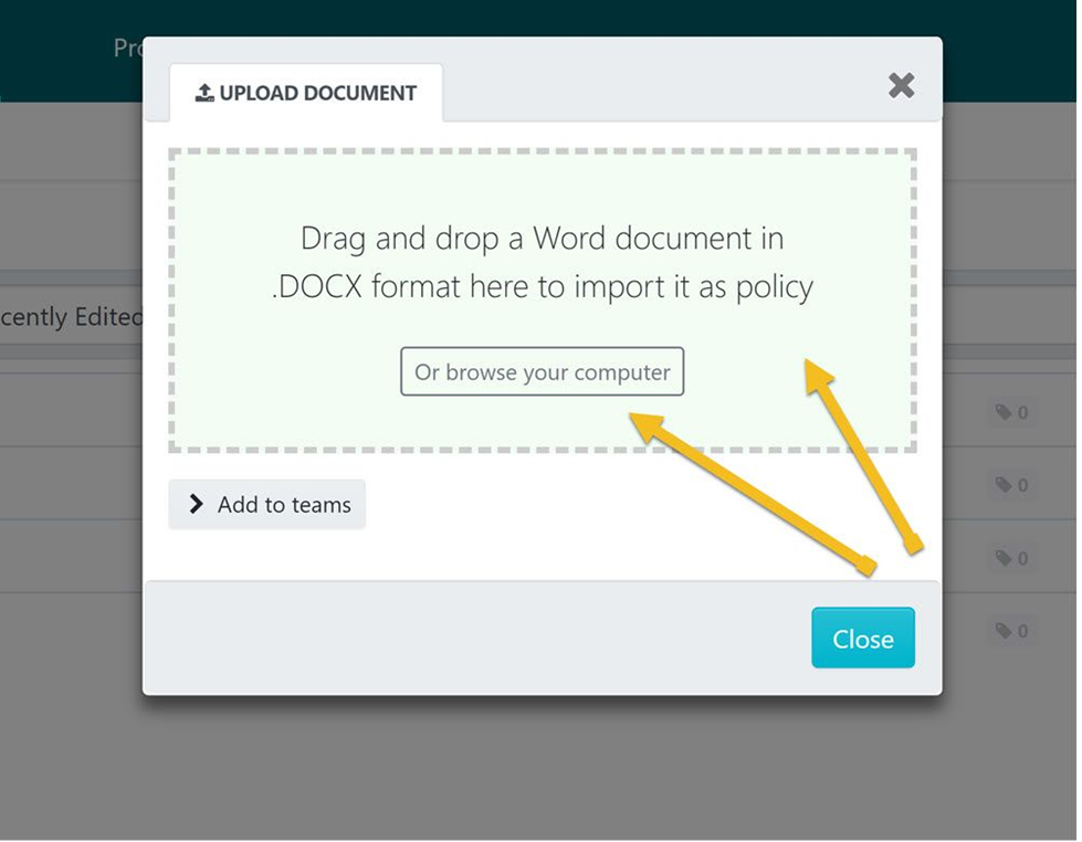 Drag and drop the file into the “Upload Document” dialog box