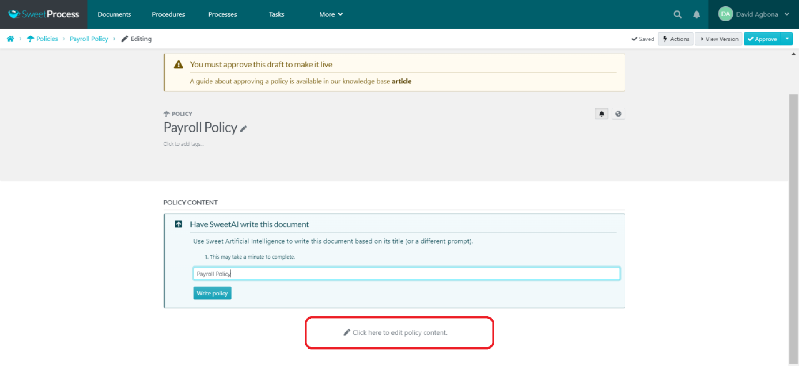 Click “Click here to edit policy content.”