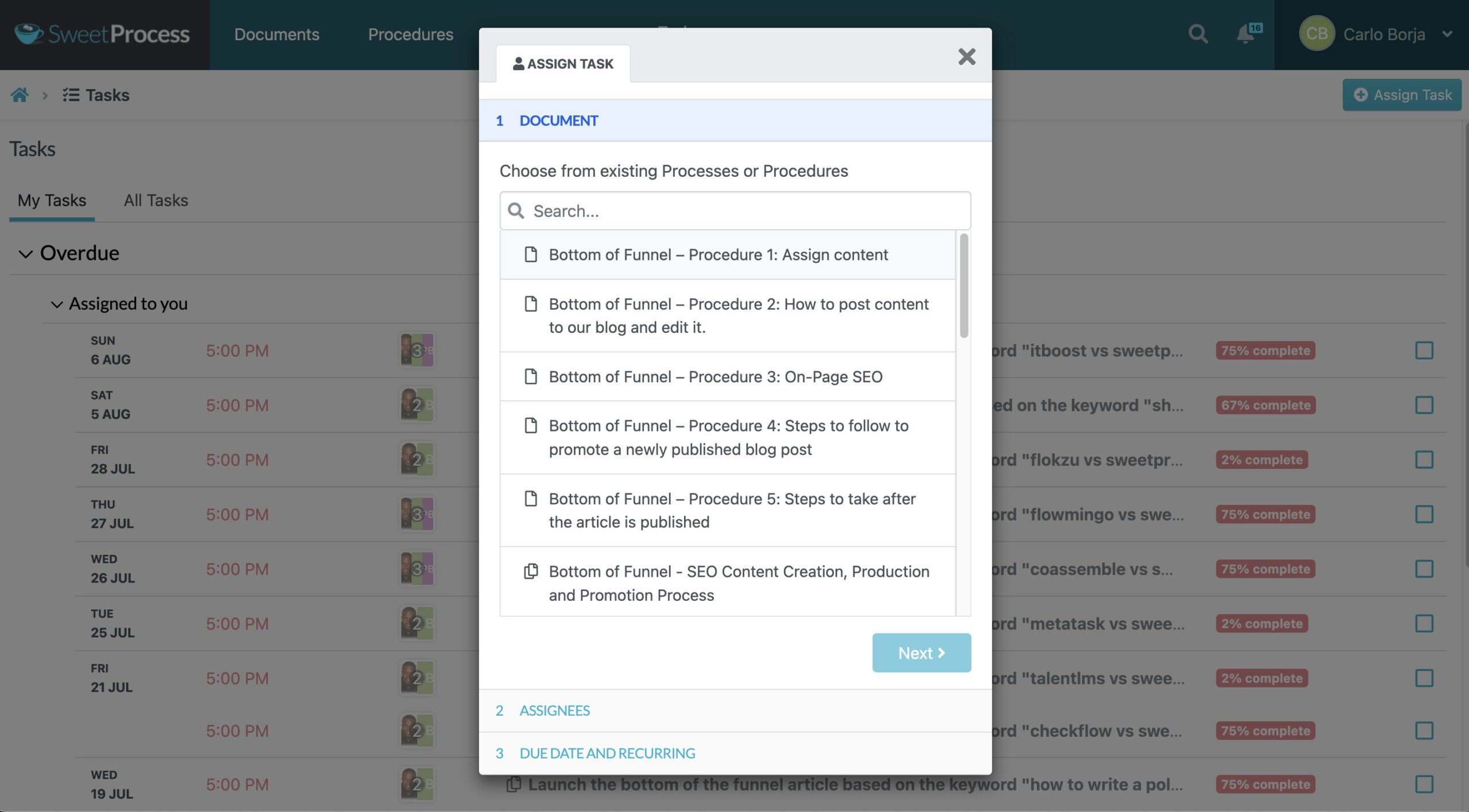 assign tasks in SweetProcess to team members