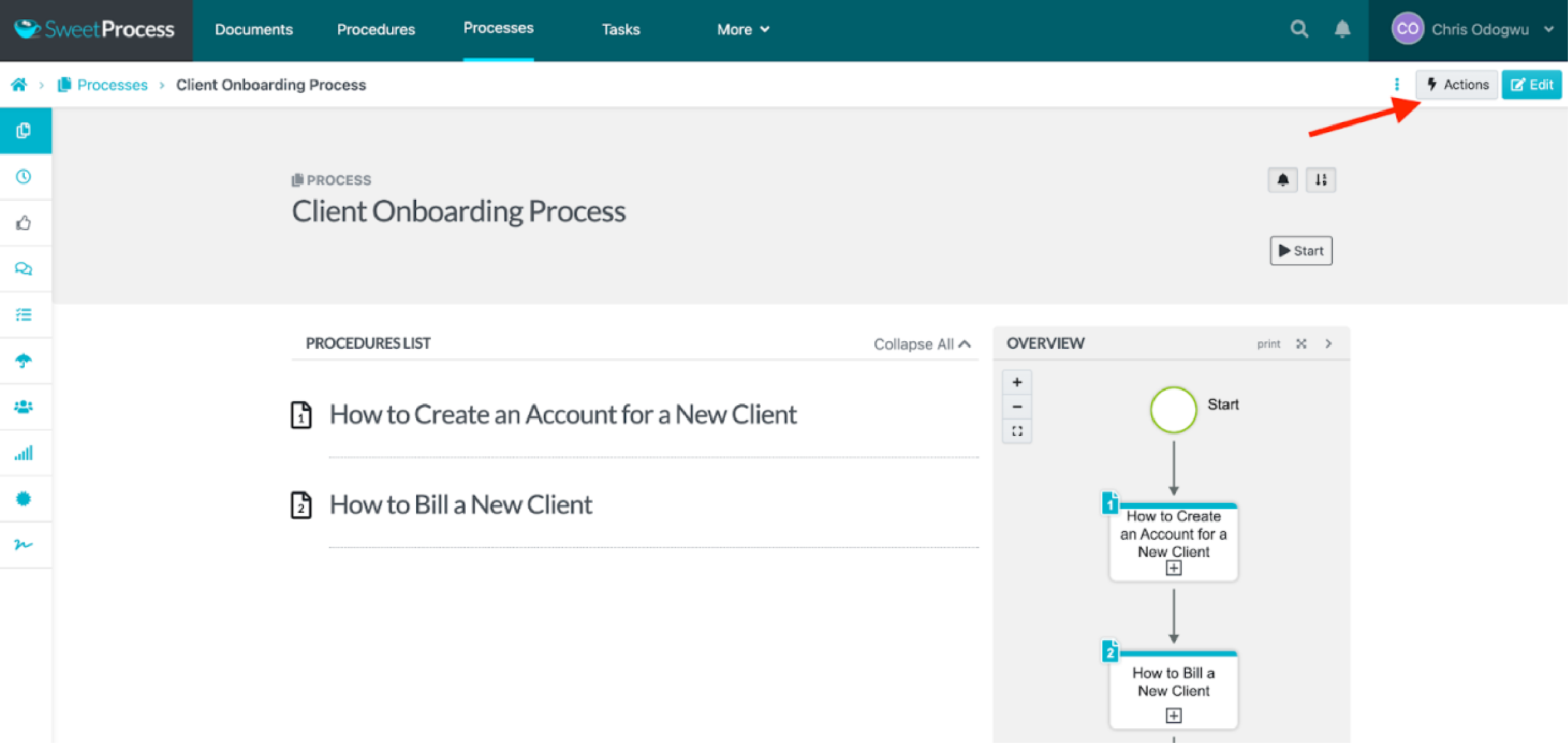 Open the process through the “Process” tab at the top and then click on “Actions.”