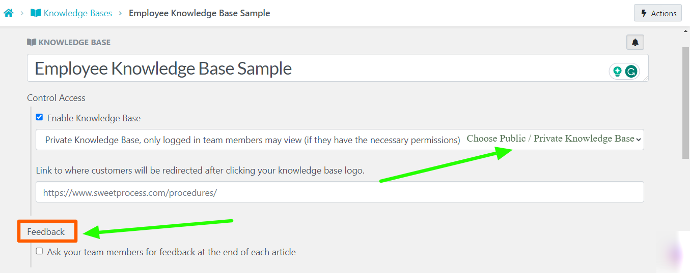set up your knowledge base to be public or private