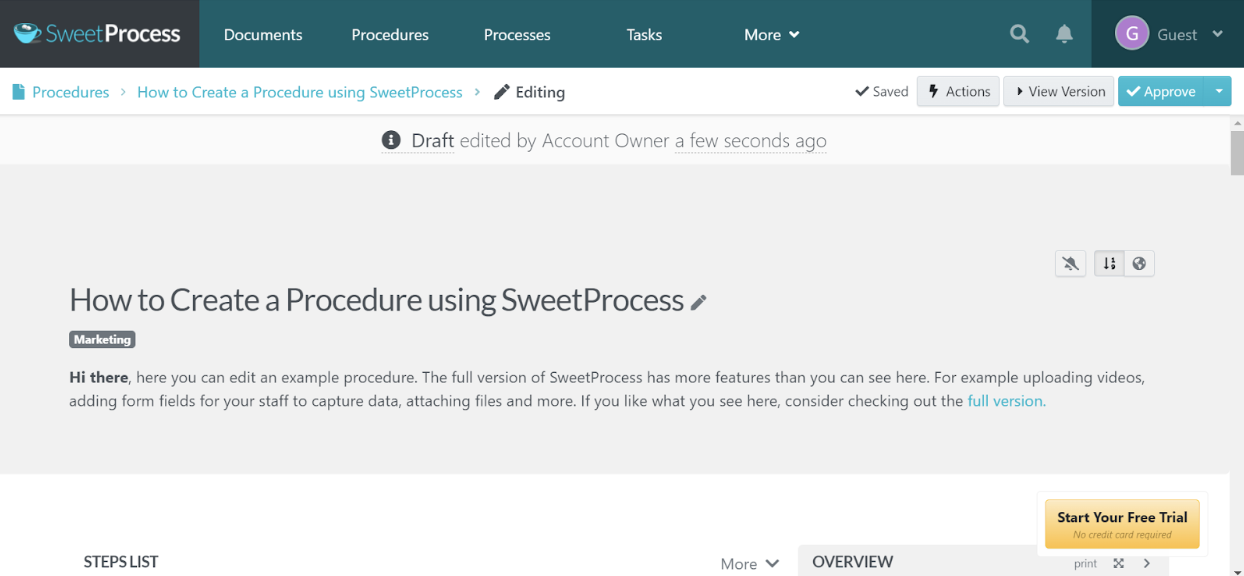 Documents, Procedures, Processes, Tasks, and the 'More' tab.