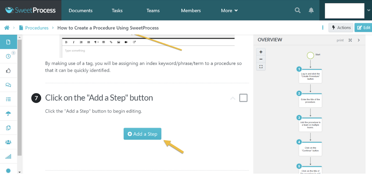 creating a procedure using sweetprocess