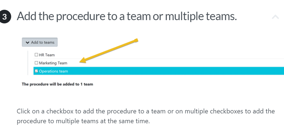 Click on a checkbox to add the procedure to a team.