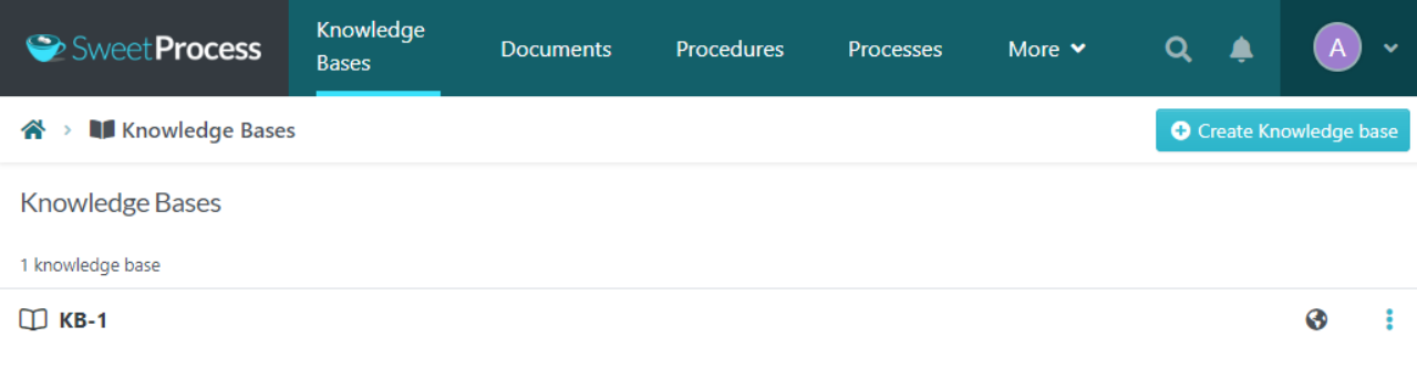This page lists all your existing knowledge bases and gives you the option to create a new one