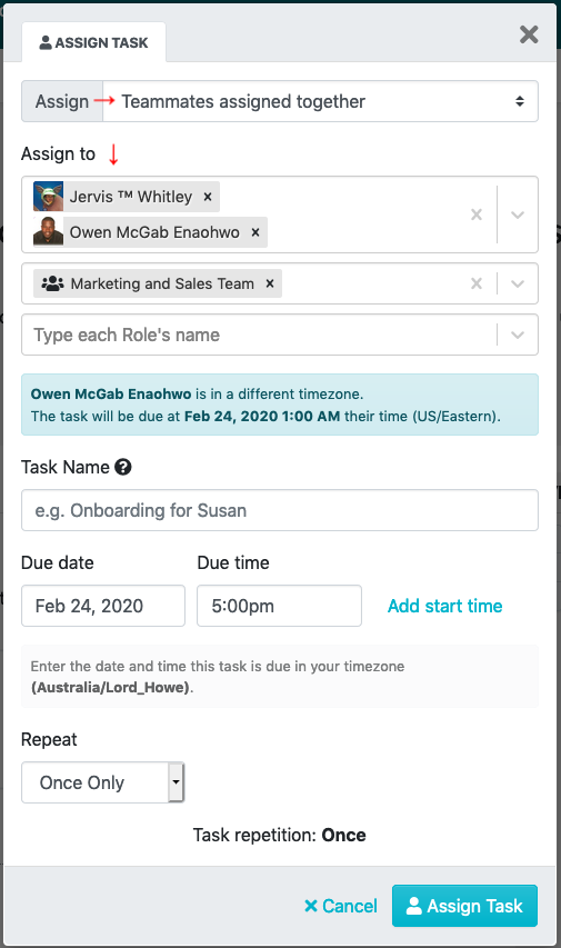 On the “Assign Task” interface, pick the employee(s) or team you want to assign the task