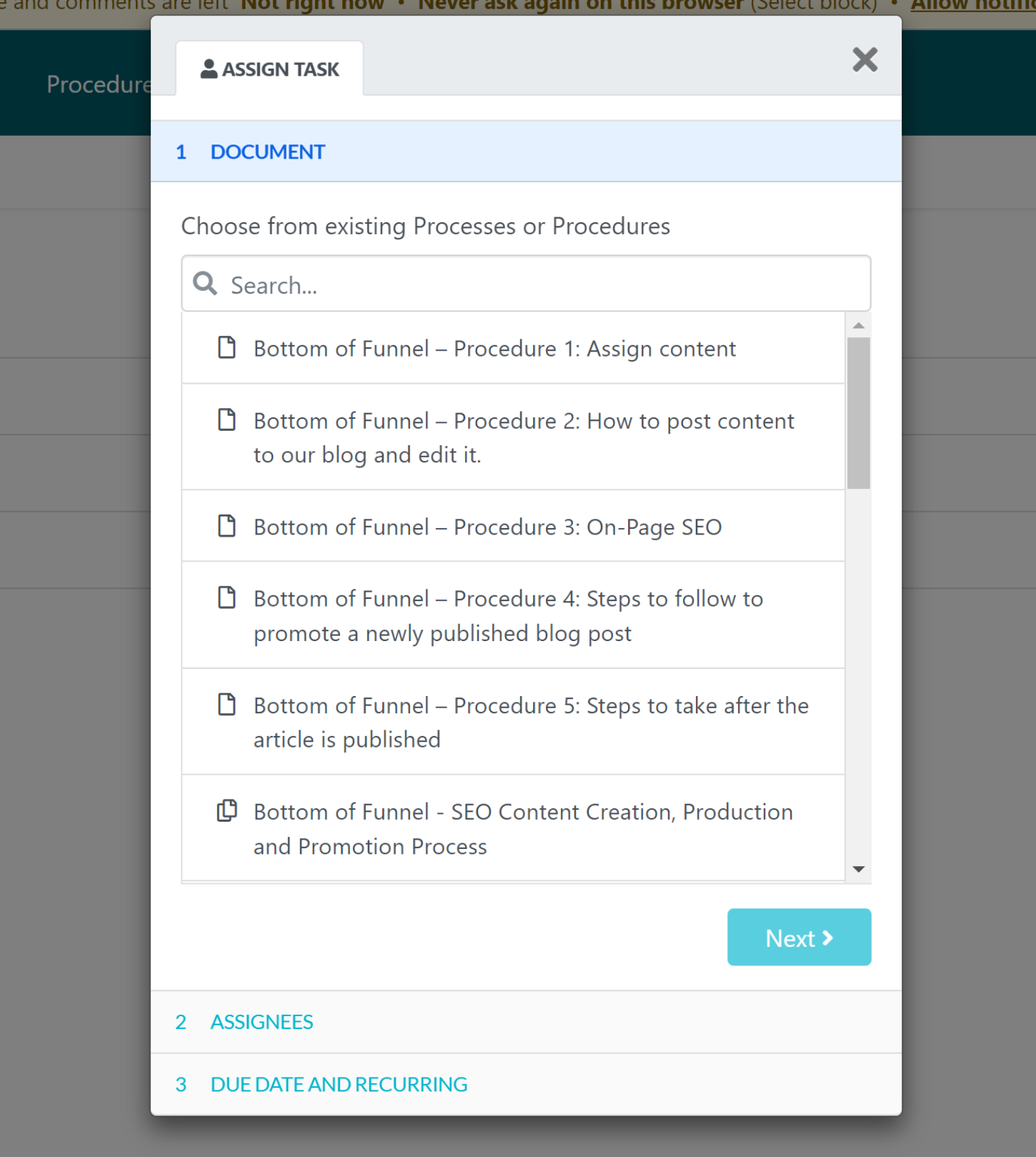 A menu with a list of existing procedures and processes will pop up