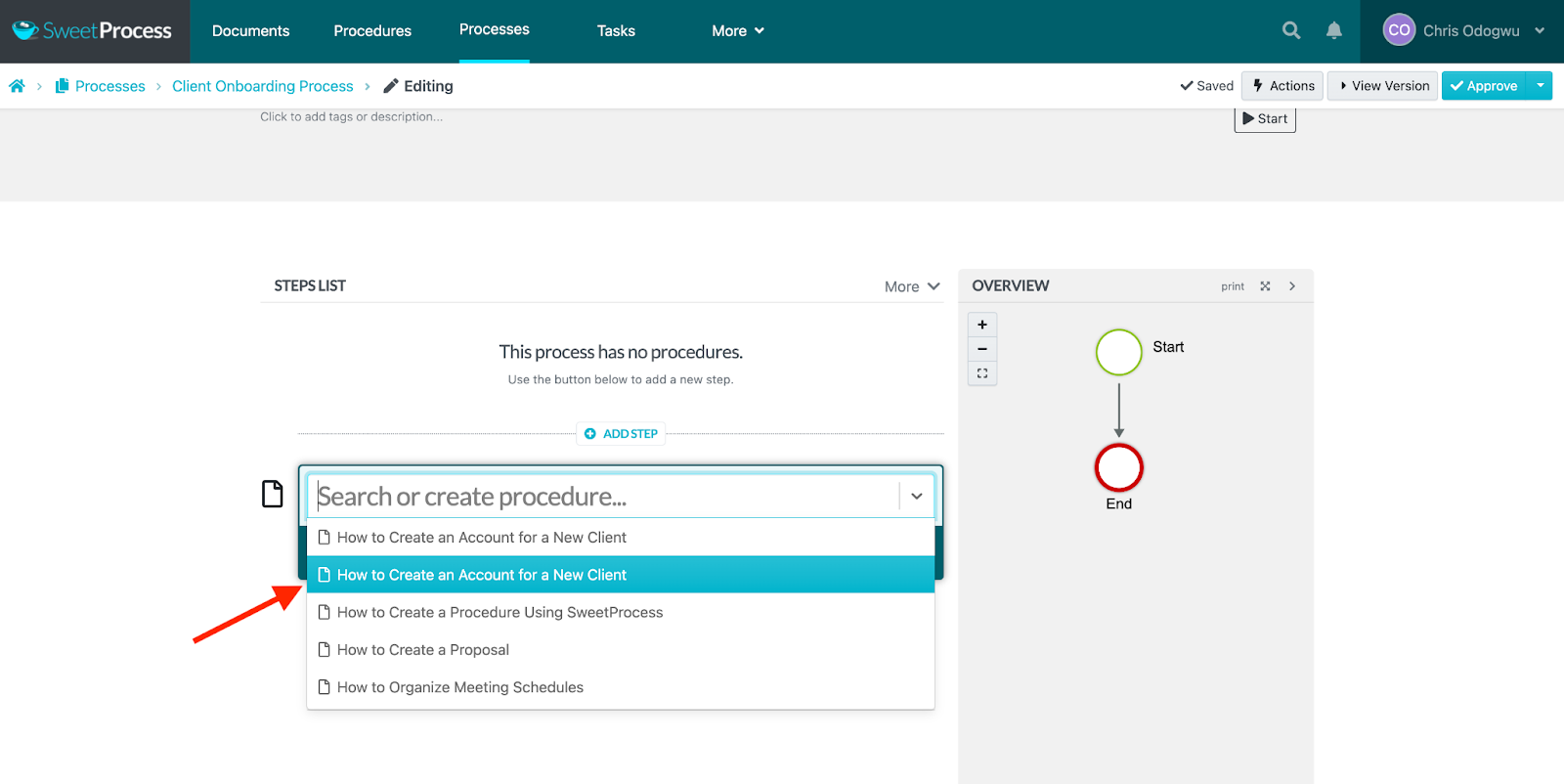 Select the first task or procedure from the menu.