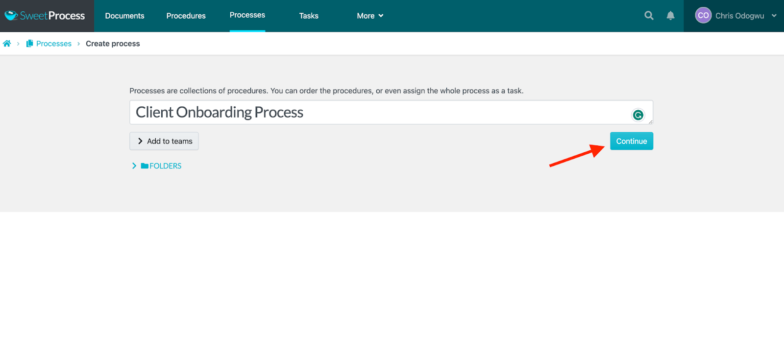 Enter the title of the process and click on “Continue.”