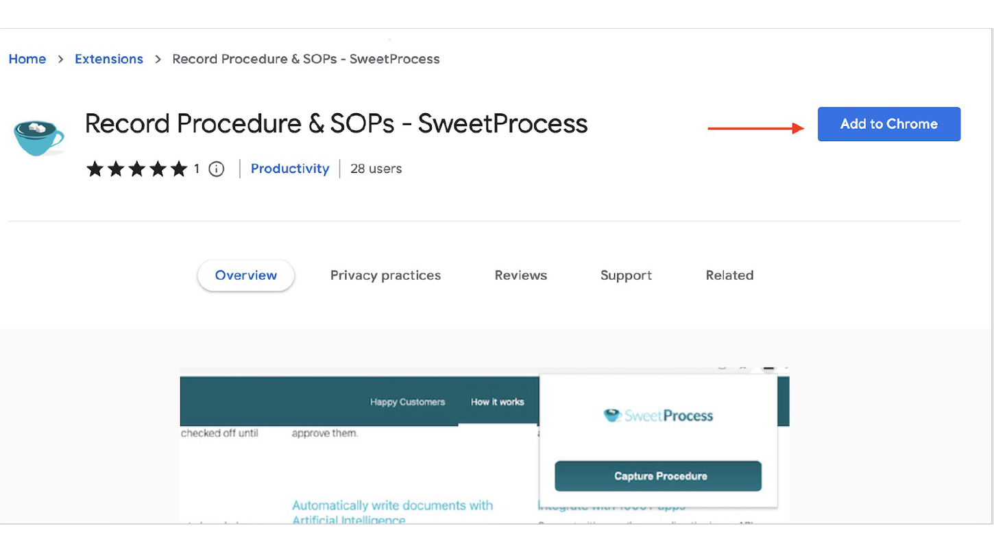 open the SweetProcess Google Chrome extension and click “Add to Chrome” at the top right corner