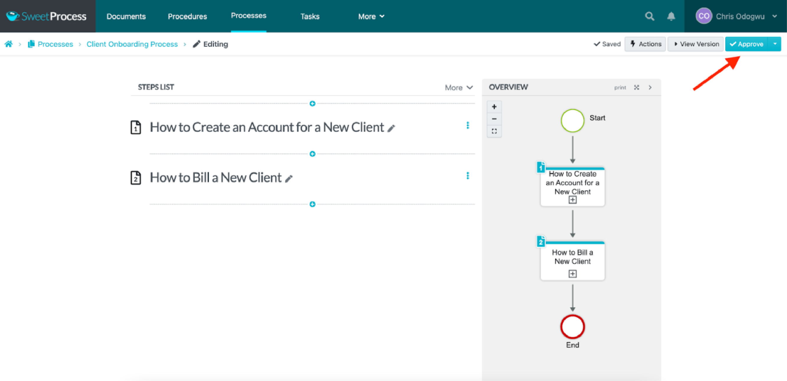 Click on “Approve” to publish the process