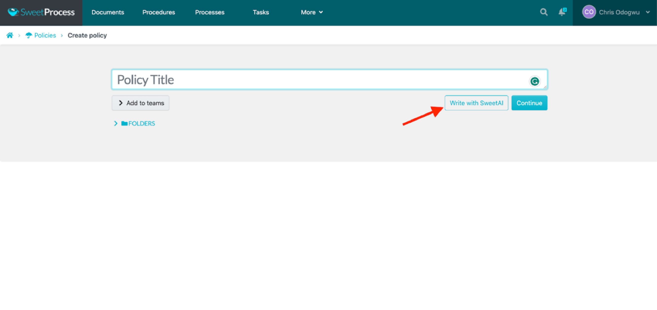 Enter the title of the policy and click on “Write with SweetAI.”