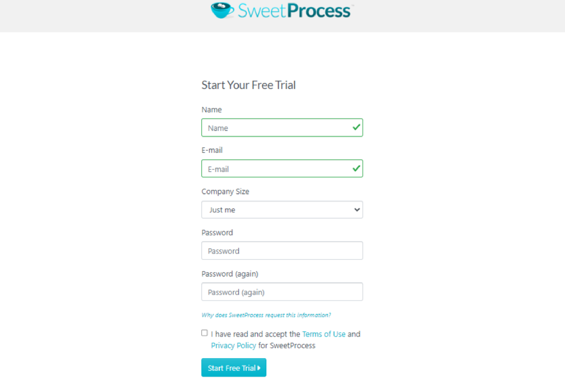 Sign up for a SweetProcess Account