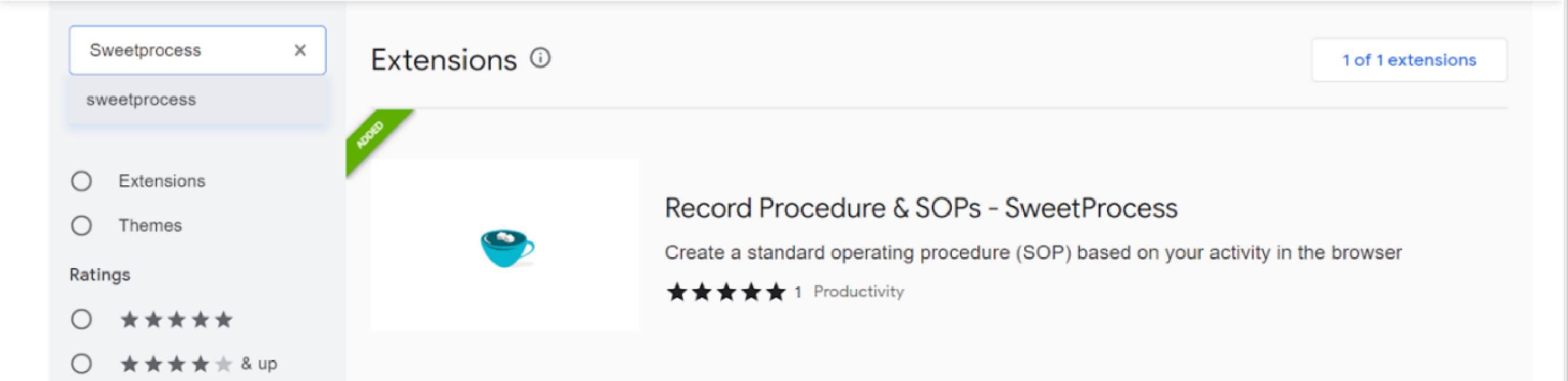 Open the Chrome Web Store and type “SweetProcess” in the search box.