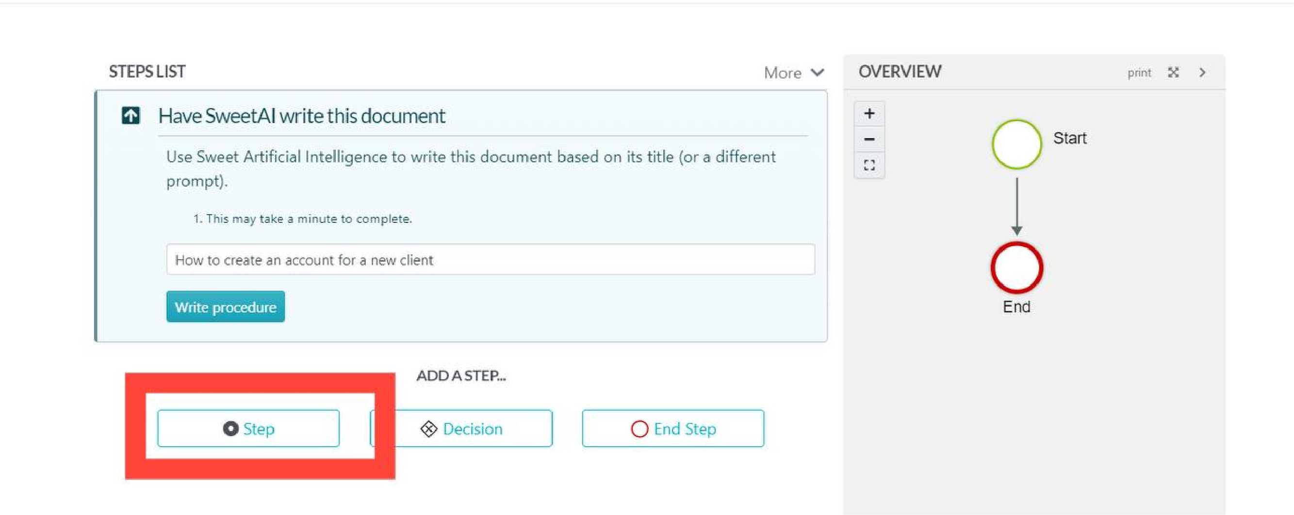 Select “Add a Step” to begin detailing the procedure manually.