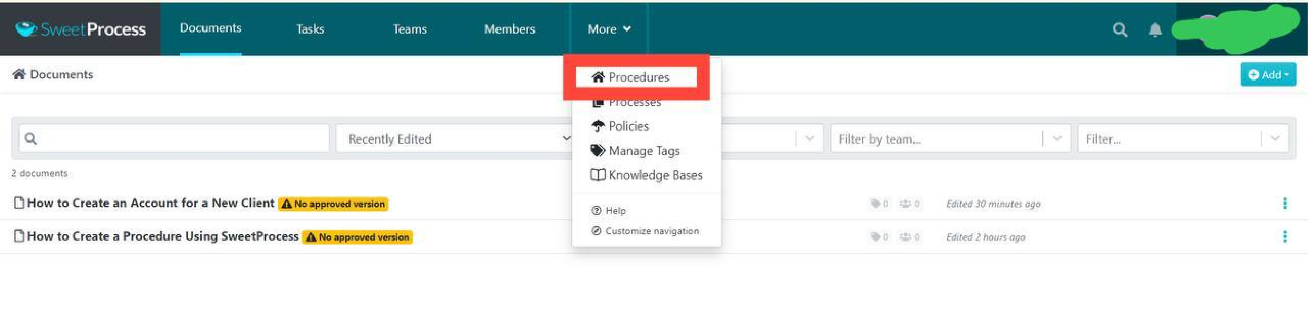 Access the "Procedures" tab at the top of your dashboard to view your list of procedures.