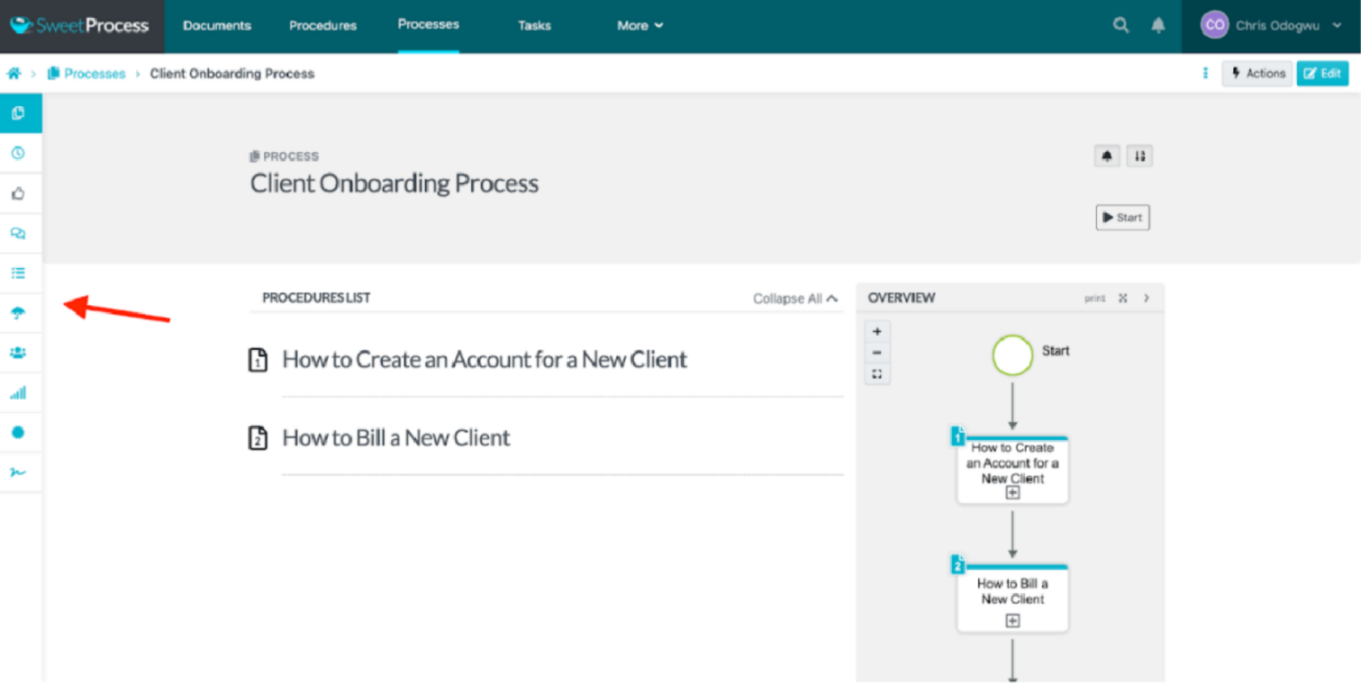 Utilize the left-side menu for additional process tasks