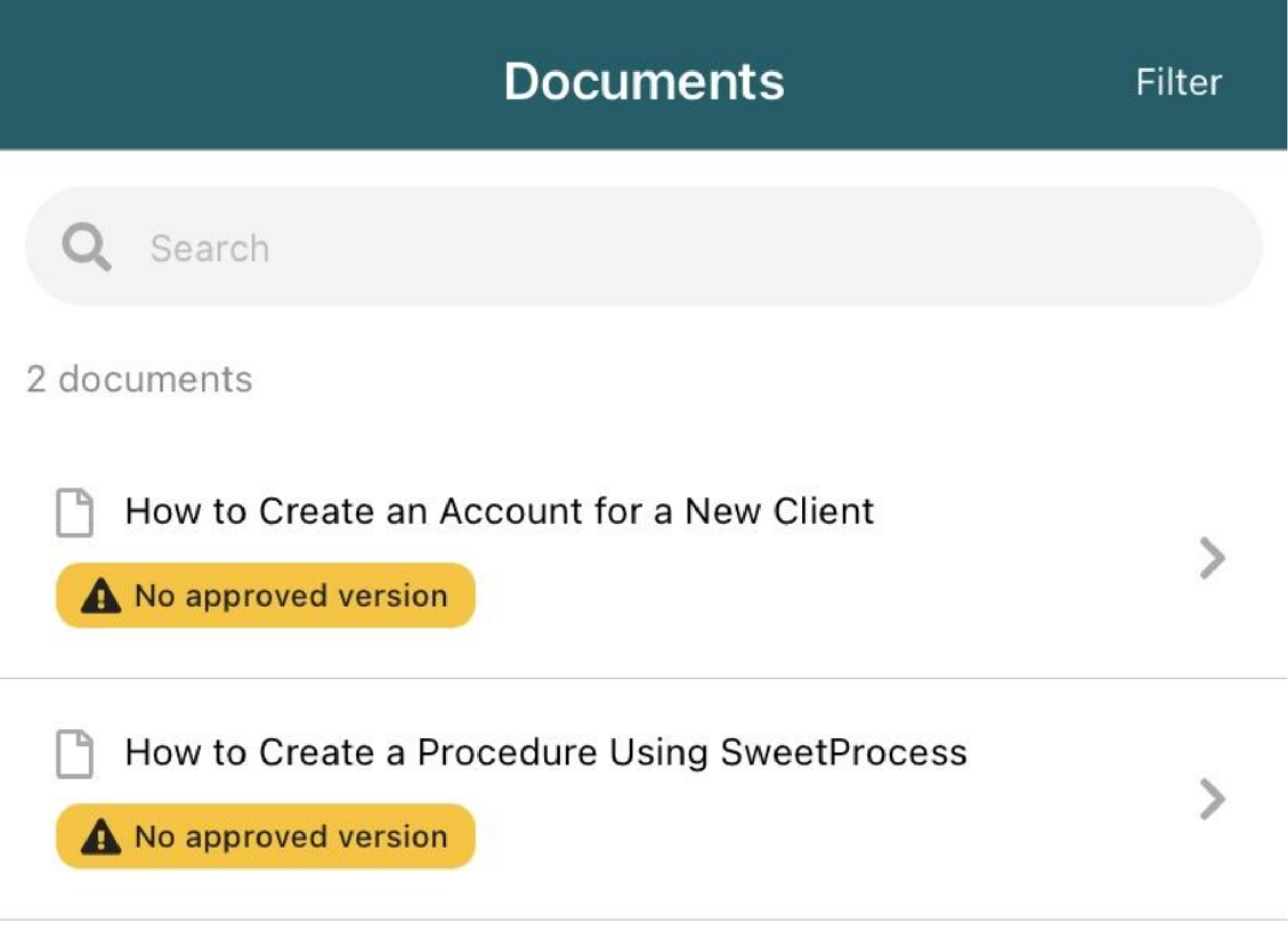 The homepage will display your list of processes under “Documents.” Select one to view its details.