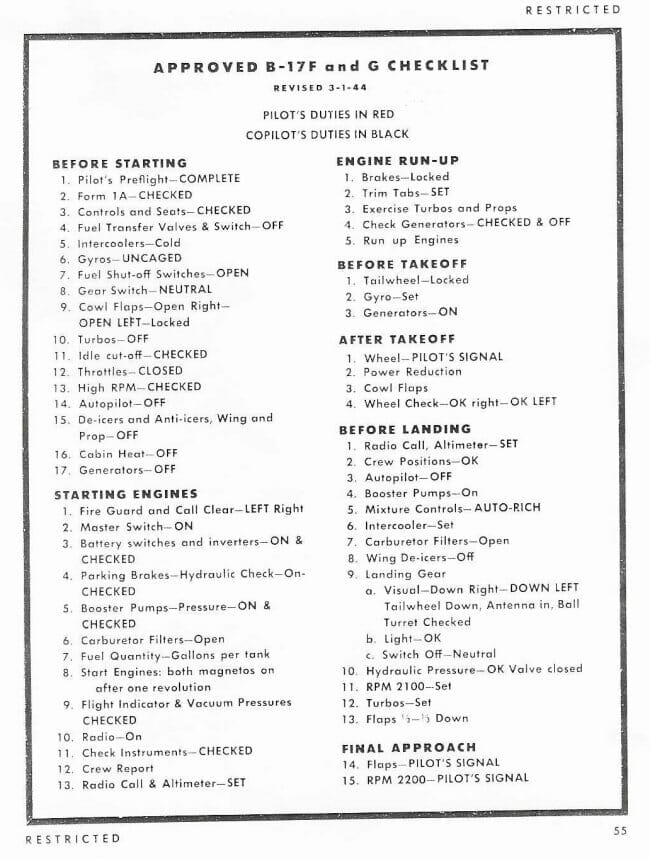 The First Pilot Flight Checklists.