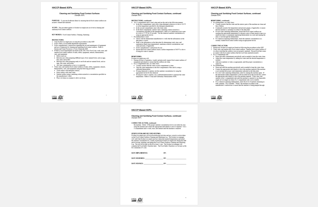 SOP template for cleaning and sanitizing food contact surfaces