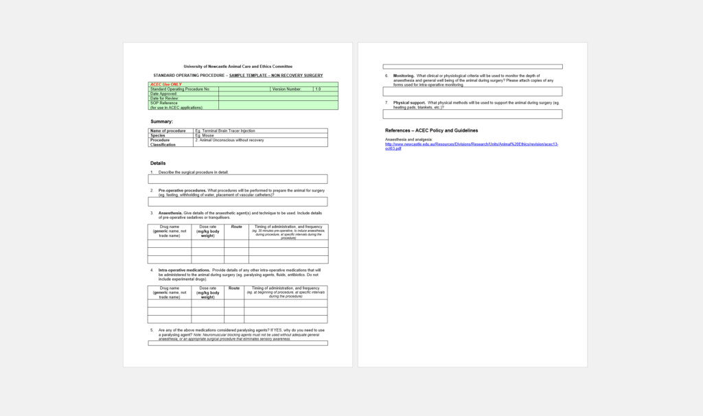 SOP template for non-recovery surgery