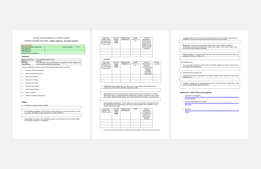 SOP template for recovery surgery